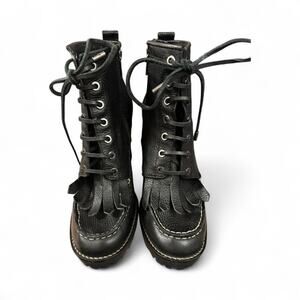 Tory Burch Black Lace-Up Leather Boots with Fringe